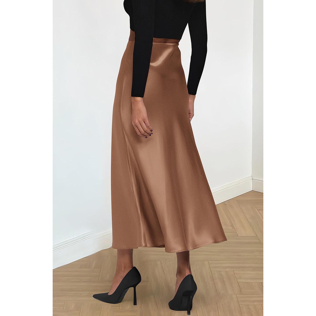 PrettyGarden Women's Midi Satin Skirt Dressy Casual High Waisted A Line Flowy Ruffle Elegant Party Skirts