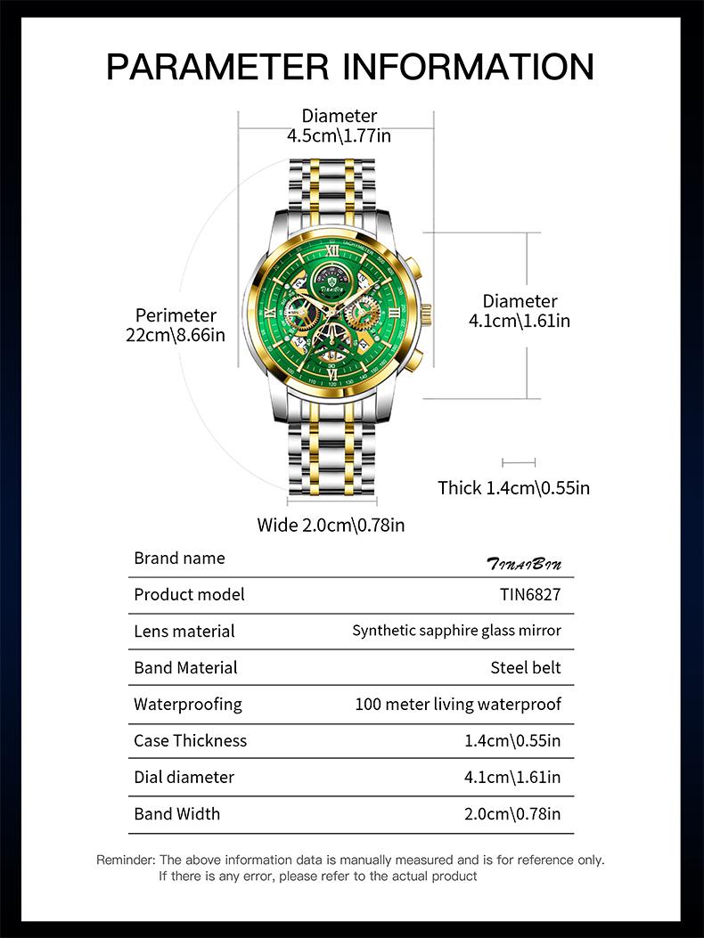 The  men's business fashion watch features an analog quartz movement with a Swiss original core, offering chronograph functionality, luminous display capabilities, and water resistance. Suitable for parties and everyday wear, it also makes an idea