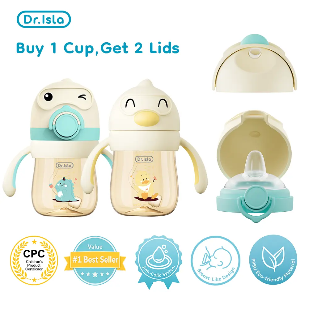 Dr.Isla Baby Sippy Cup with 2 Lids, For 6M to 18M, 9oz, Straw Training Cup, Nipple Lid, Anti Colic Transition, Leakproof Drinking Bottle, Weighted Ball, Non Slip Handle, BPA Free, Easy Clean, Eco Friendly Bottle, Back to School, Animals, Unisex Names