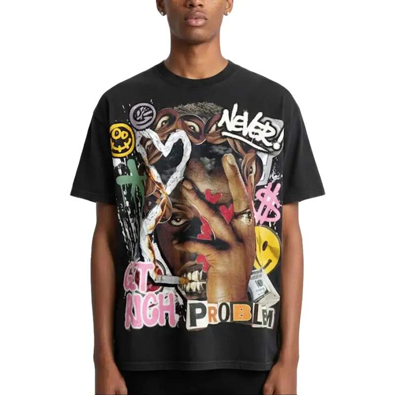 Sopula Studio Men's 100% Cotton Round-Neck Short-Sleeve Printed T-Shirt - Menswear Tops with Retro Abstract Patterns for Retro Street Casual Wear (Black)