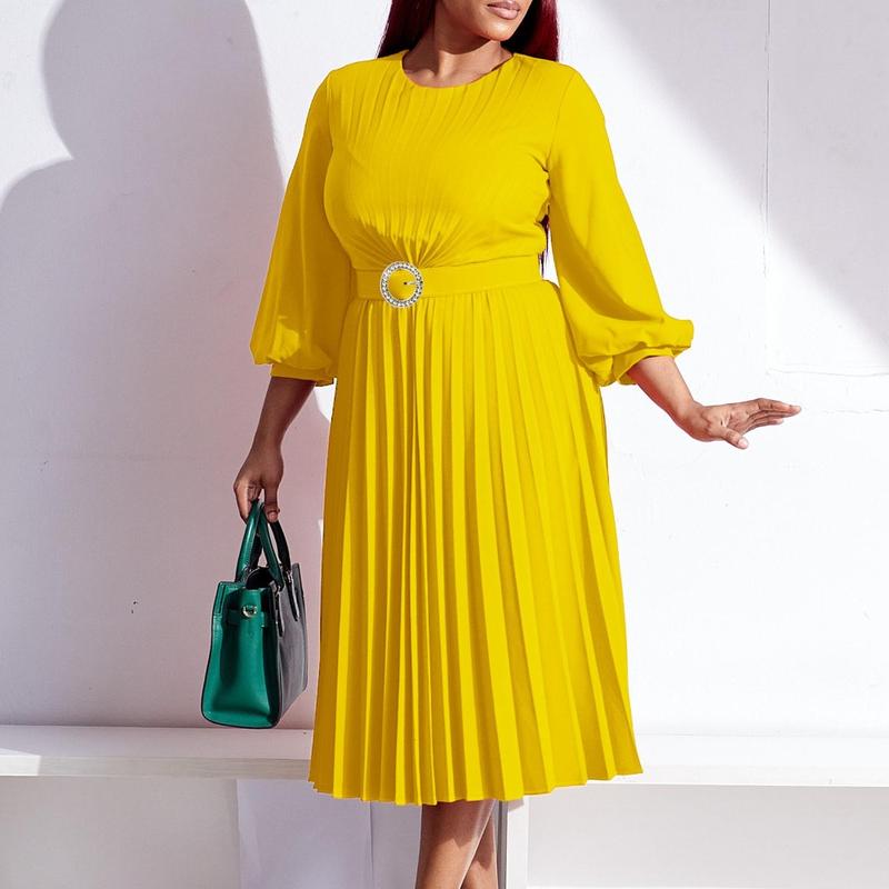 Women’s Pleated Midi Dress with 3/4 Puff Sleeves, Round Neck and Ring-Buckle Belted Waist, A-Line Silhouette with Back Keyhole — Elegant Choice for Work, Church & Wedding Guests