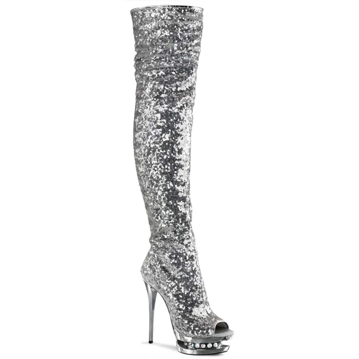 Women's Thigh High Boots with Rhinestone Decor, Open Toe Stiletto Platform with a 6-Inch Heel and Full Side Zipper, Footwear, Silver, Sparkle, Rhinestones, Night Out, Glamour, Platform Sole, Thigh Length