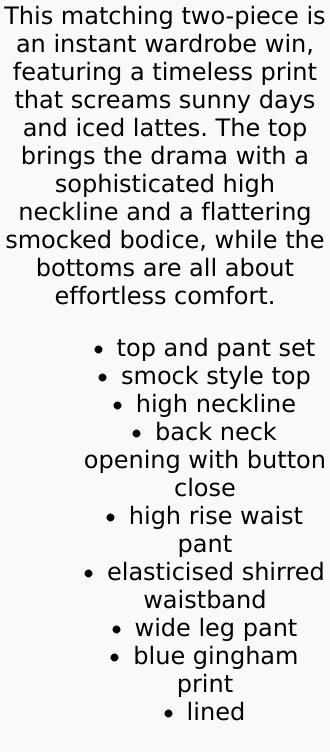 Jillian Smocked Pant Set - Blue Gingham