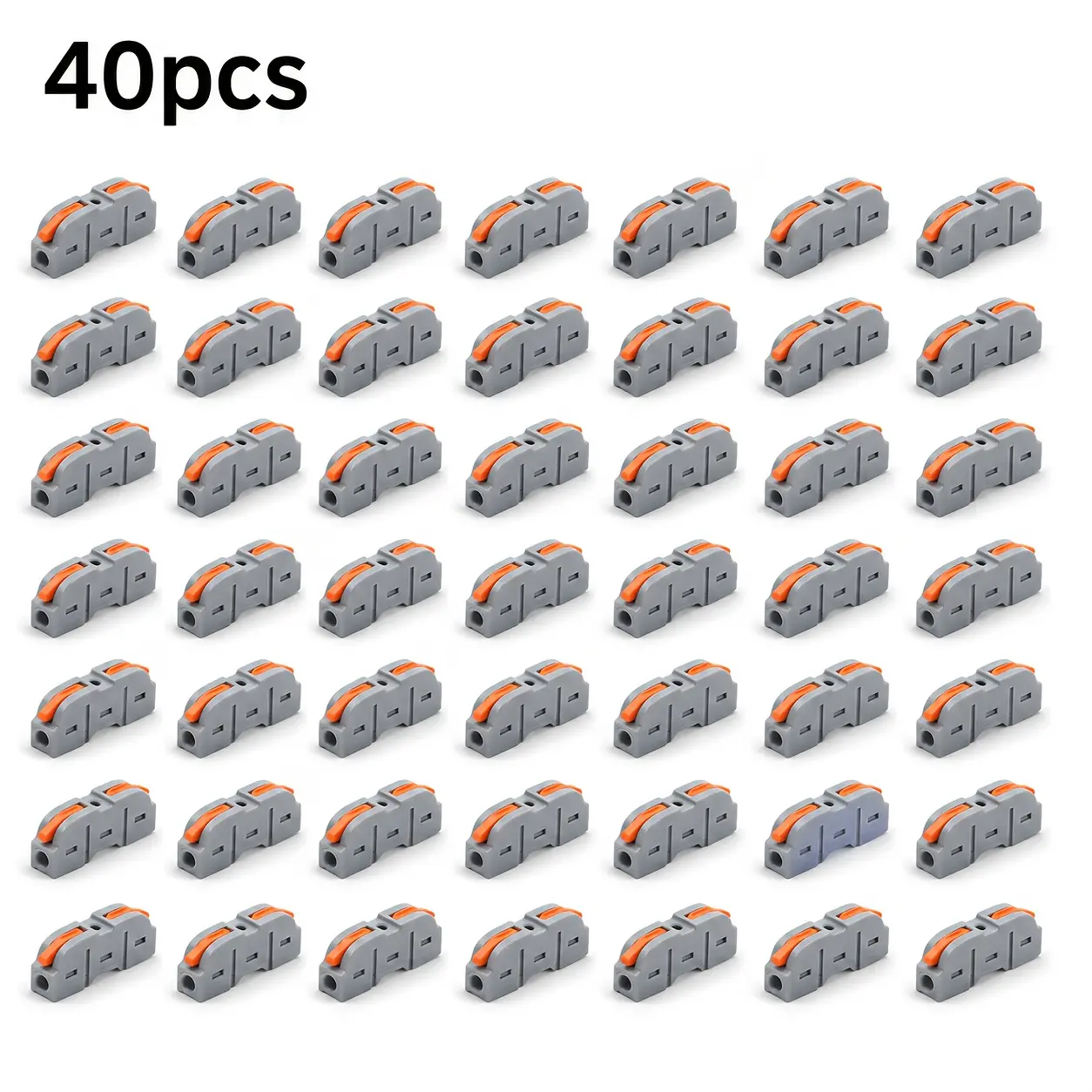 40-pack dual-hole direct-through lever wire connectors, compact reusable quick-connect terminals with a safety locking lever, suitable for home wiring, lighting, and DIY electrical repairs