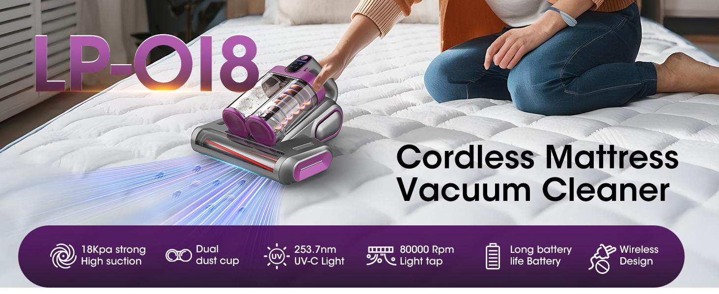 Cordless Mattress Vacuum Cleaner, 16Kpa Cordless Bed Handheld Vacuum,  vacuum  cleaner with 253.7nm UV-C Light, HEPA Filter & Ultrasonic, Versatile Portable Vacuums for Bed, Sofa, Couch, Crib