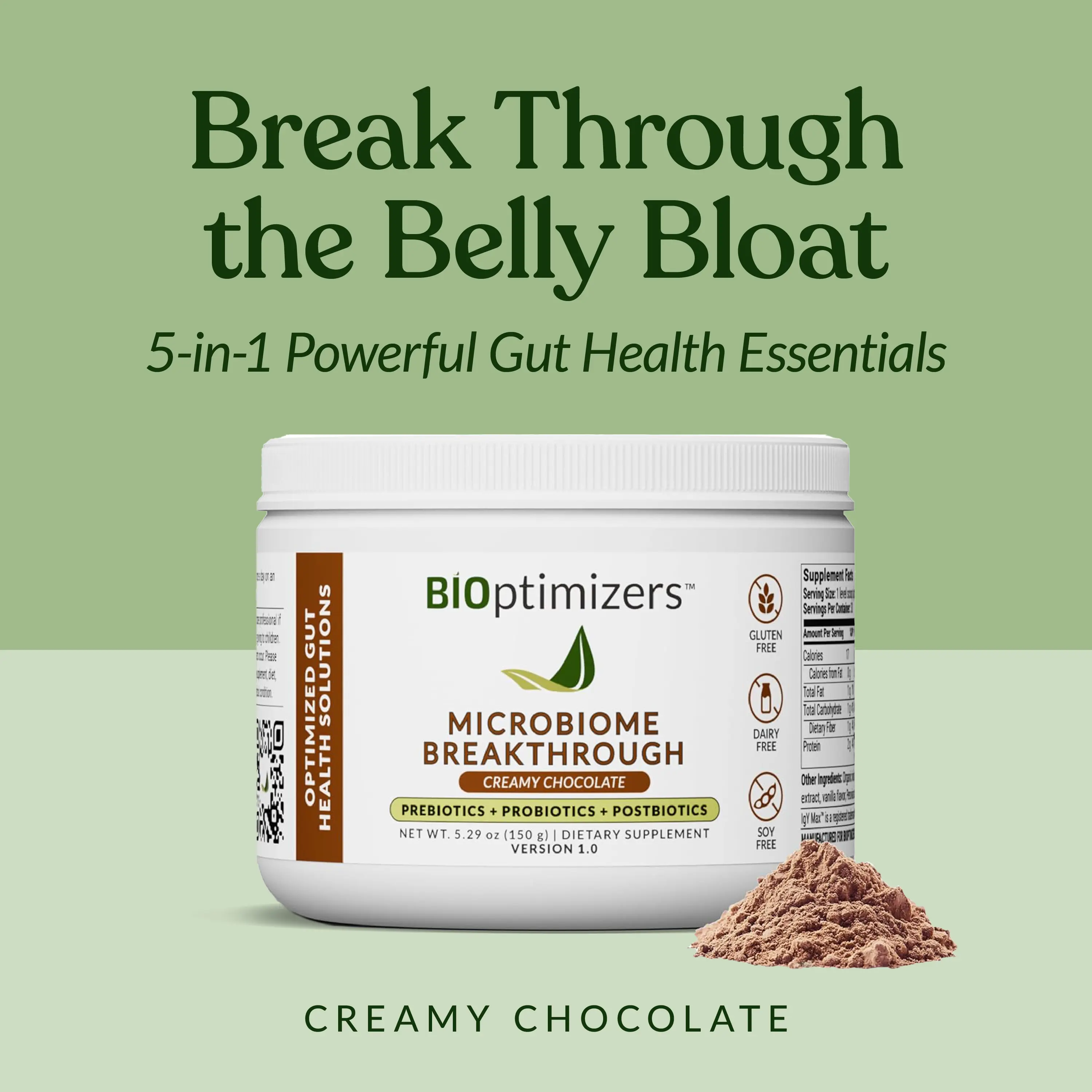 BiOptimizers Microbiome Breakthrough – Probiotic, Prebiotic & Enzyme Gut-Support Powder, Chocolate, for Gas, Bloating & Gut Health, 365-Day Guarantee