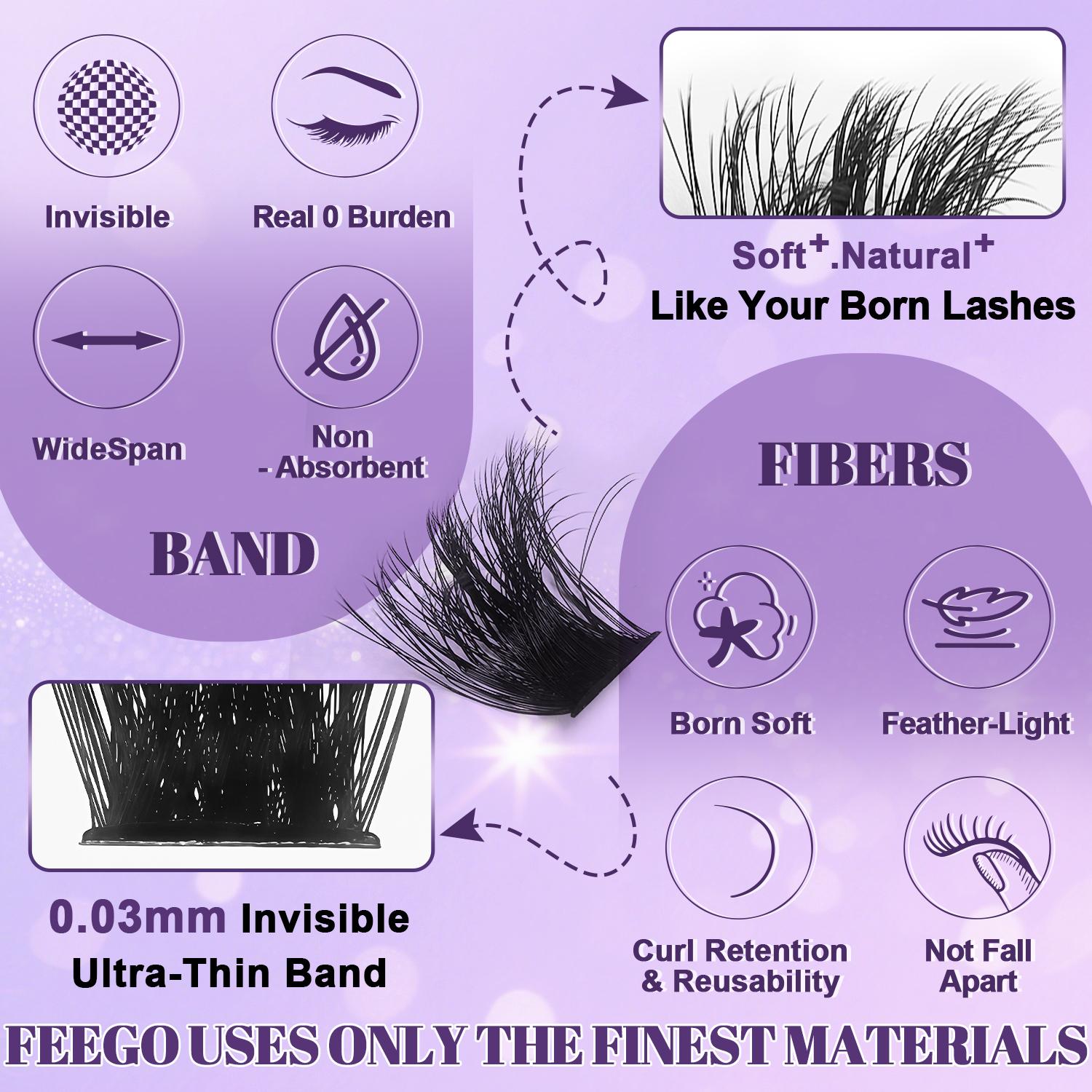 FEEGO 200D Lashes Extension Kit Thick Eyelash Extension Kit 10-20mm Lash Clusters Individual Eyelashes Kit With Lash Bond and Seal D Curl Cluster Eyelash