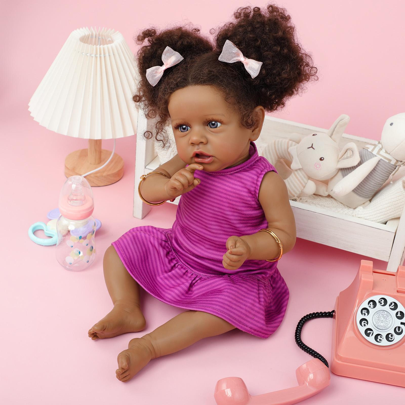 *Realistic Reborn Baby Doll Black - 22 inch African Americans Lifelike Newborn Bebe Doll Girl Caramel Skin Real Life Like Baby Dolls with Birth Certificate & Feeding Kit Gifts for Kids Age 3+ Assorted