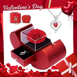 Preserved Real Rose Gift with Red Diamont Necklace,Cute Gifts for Girlfriends,Women,Mother,Wife,Gifts Idea on Mother`s Day,Valentine`s Day,Christmas,Birthday