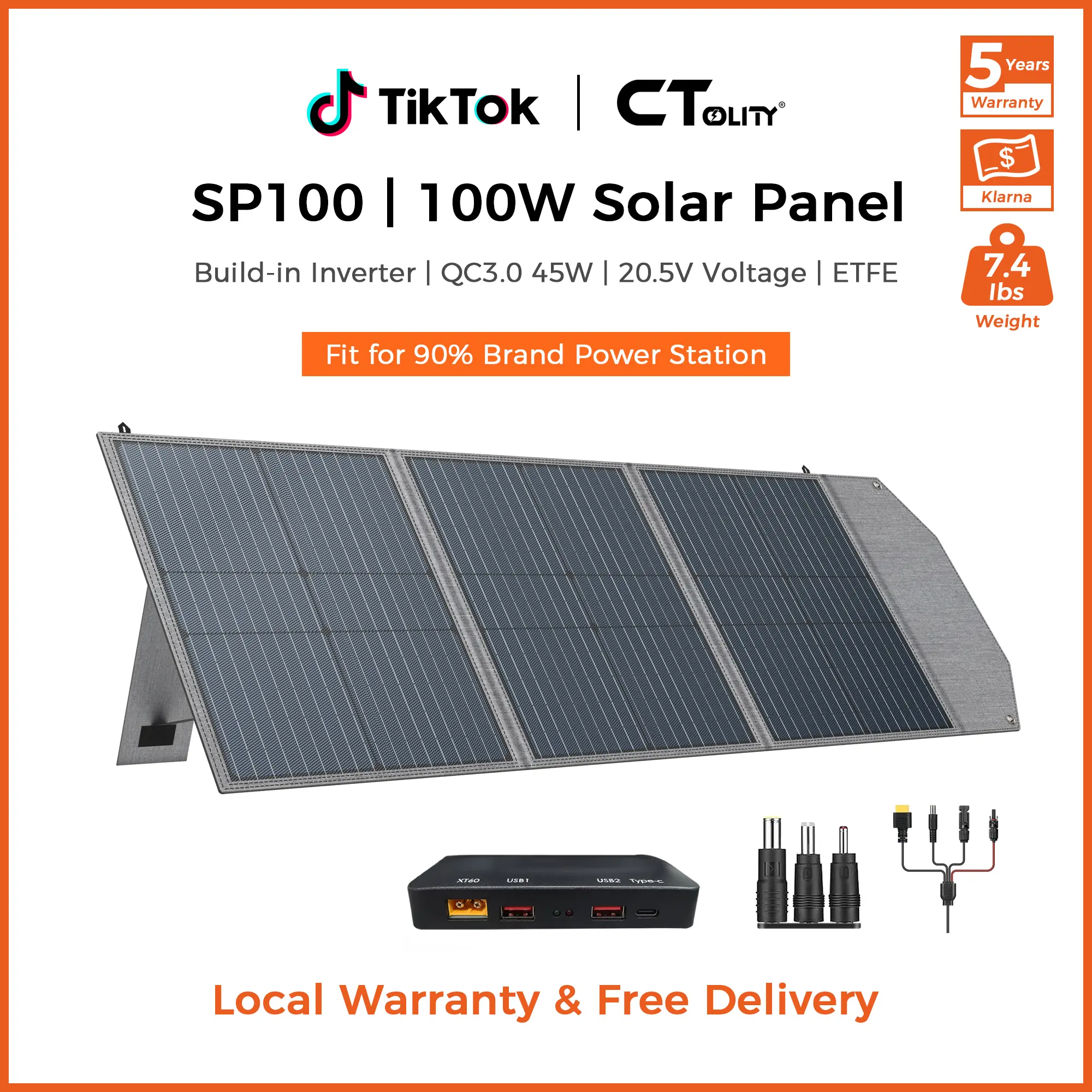 [Summerfinds][Camping Essentials 2026] CTOLITY 100W Portable Solar Panel Phone Charger- Foldable Paneles Solares with PD45W QC3.0 XT60 DC5525 PV Connecter High Efficiency 22% RV Marine Backyard Emergency WaterProof Adjustable Charger Durable