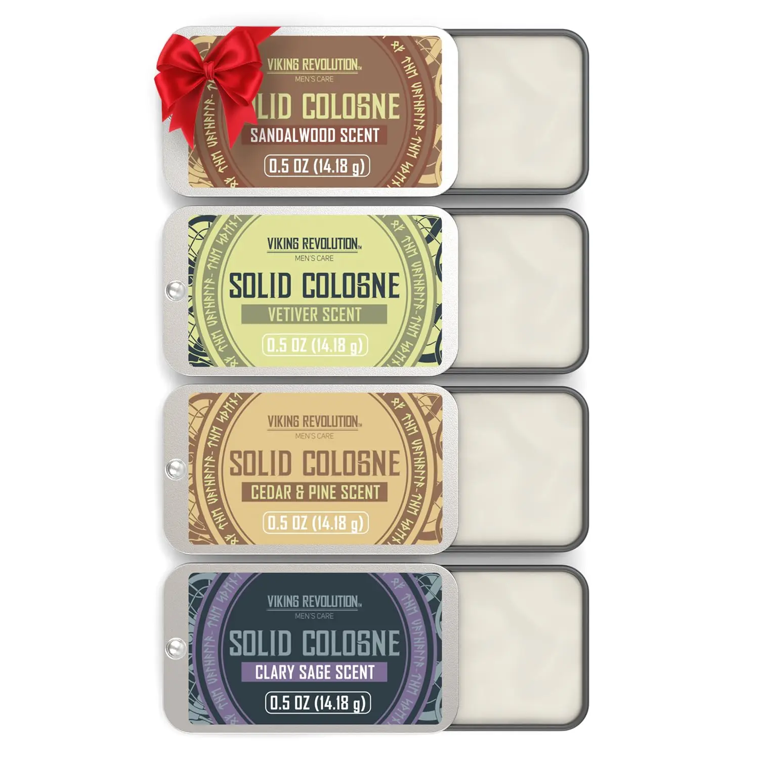 Viking Revolution Solid Cologne for Men - 4 Pack Travel Size Balm | Alcohol-Free | Cedar, Sandalwood, Vetiver, Clary Sage | 0.5oz Each