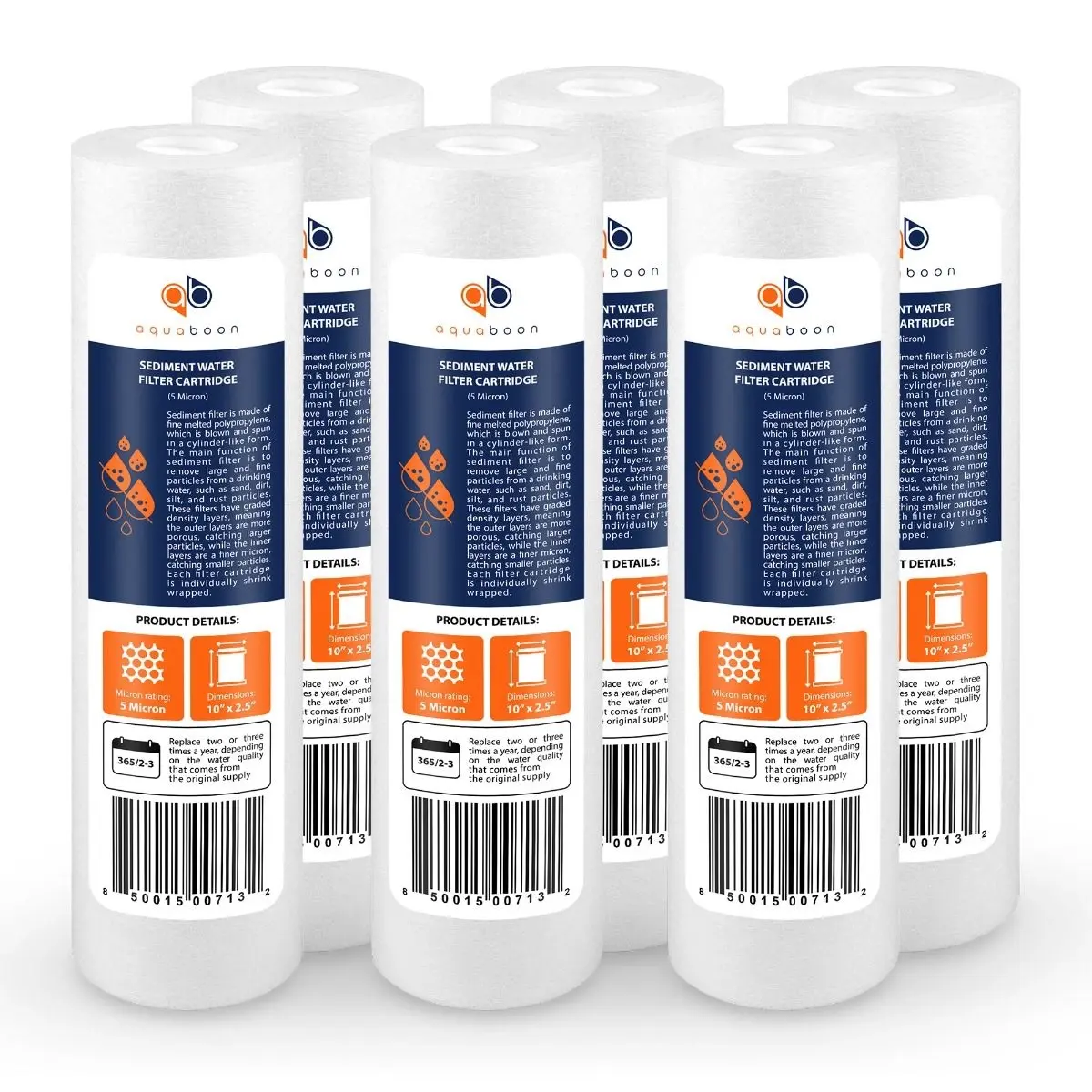 Aquaboon Sediment Water Filter Cartridge, 6-Pack Supply, 5 Micron, 10x2.5 In, Water Filter Replacement for Rust & Silt Removal
