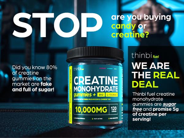 Thinbi Creatine Monohydrate Gummies 10000mg with L-Taurine & Vitamin B12 120 Sugar-Free Gummies for Muscle Strength & Energy Boost