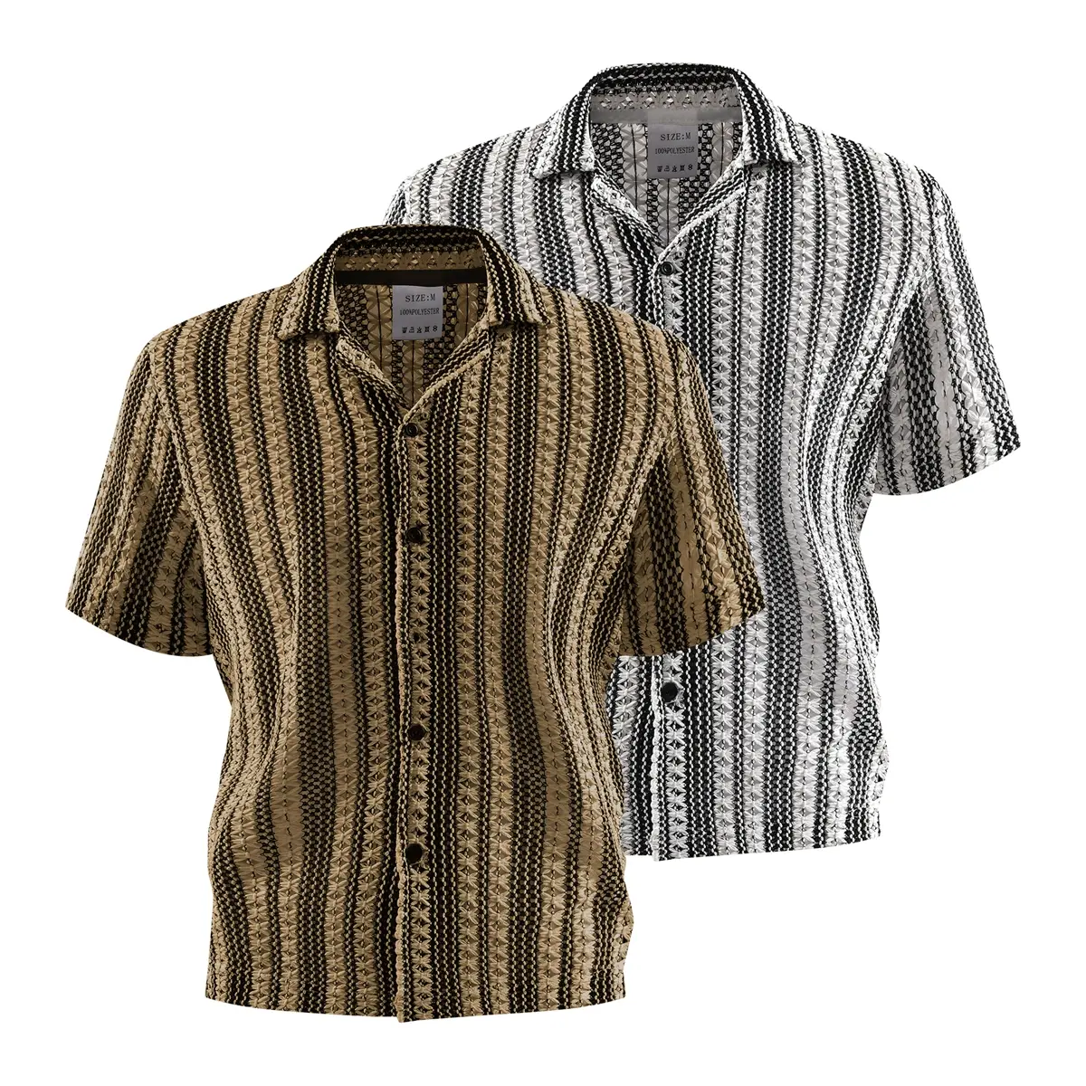 Casual men's vacation style short sleeved shirt with contrasting vertical fine stripes and geometric embellishment details designed for delicacy and breathable comfort