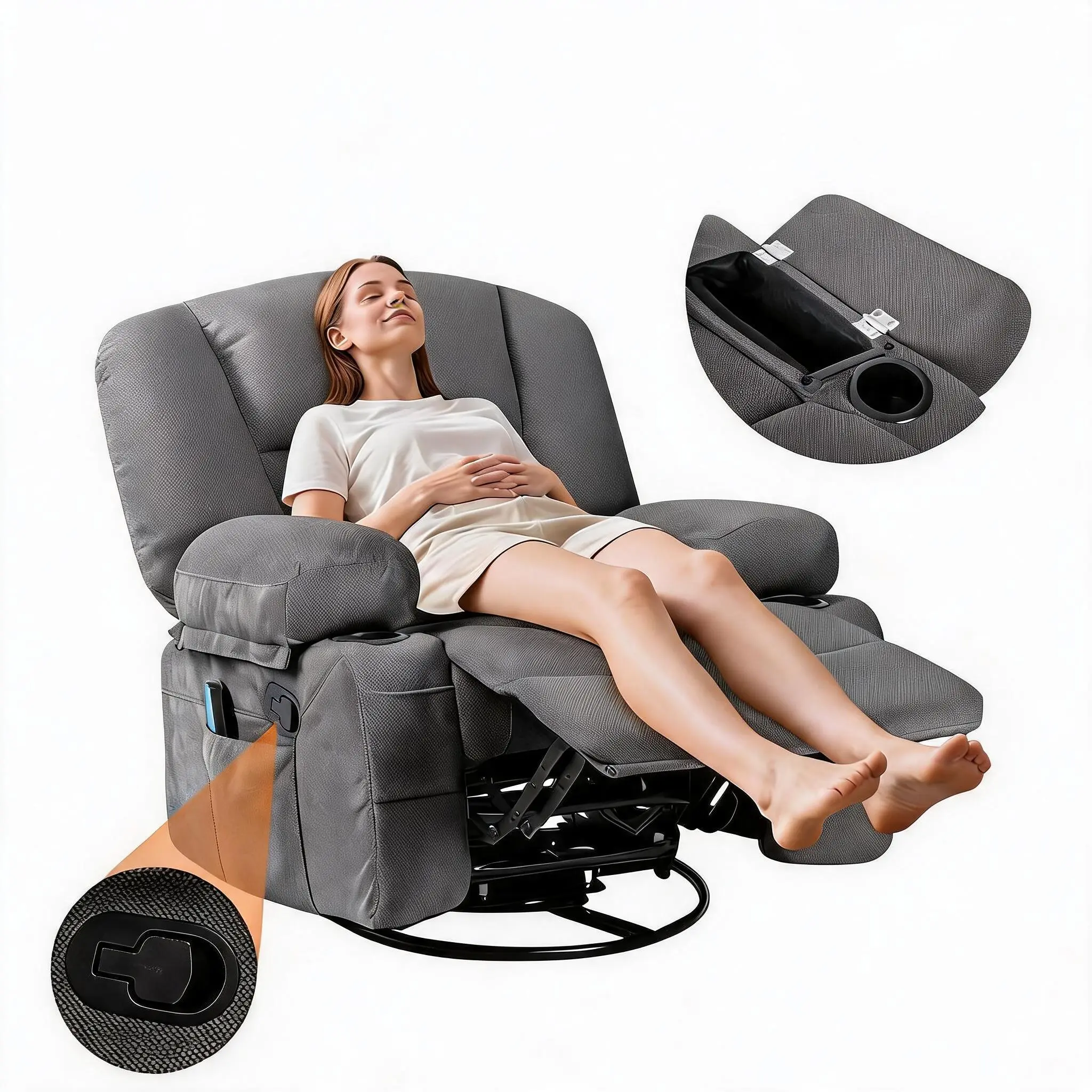 360° Oversized Wide Recliner Chair – Heat & Vibration Massage, Swivel Rocker for Adults, Chenille Fabric Manual Recliner w/ Cup Holders & Side Pocket for Living Room, Bedroom
