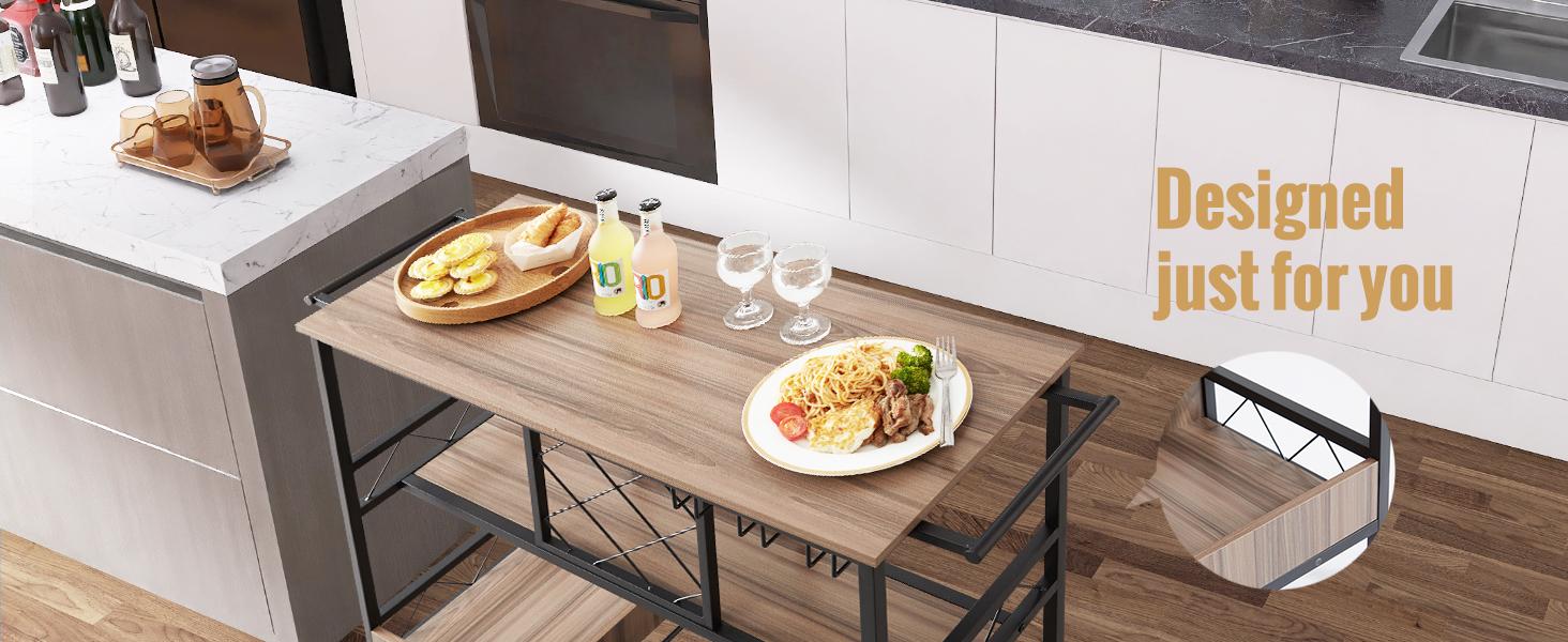 VEVOR 3-Tier Bar Serving Cart Rolling Trolley with Wine Grid Glass Holder 300LBS Organiser Racks