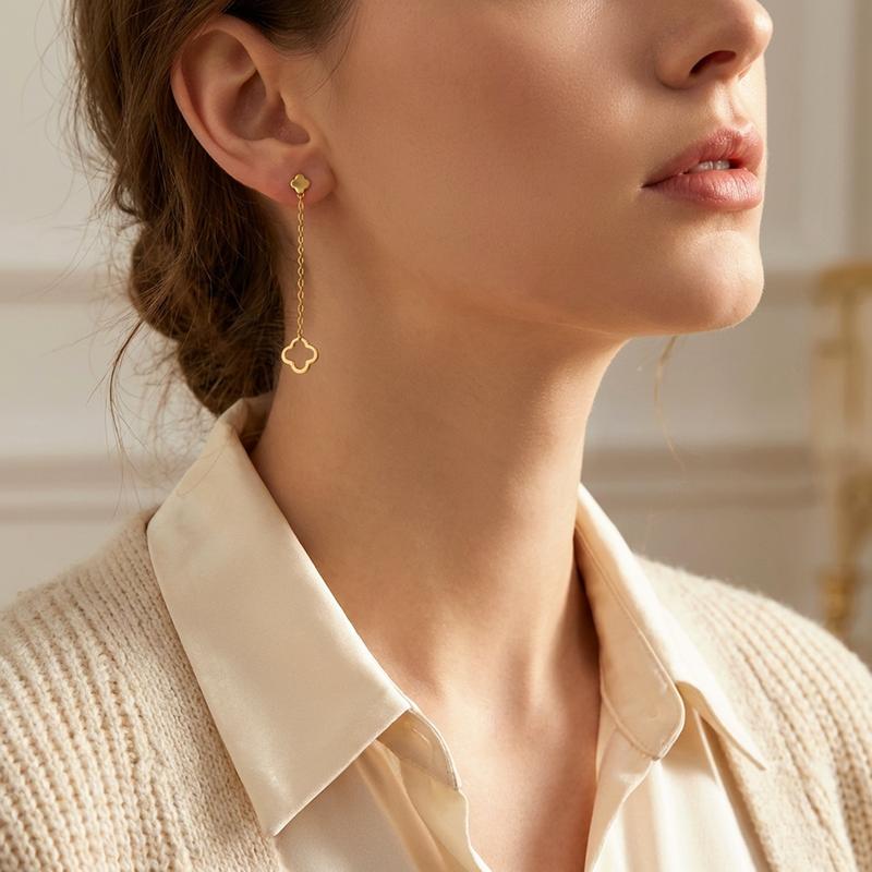 【Eden's Blessing Set】Delzzad Clover Dangle Earrings Necklace Golden Wish Duo Jewelry Set Synthetic Moissanite Necklace Earrings Moissanite Jewelry Set S925 Perfect Birthday Wedding Engagement Anniversary Christmas Gift