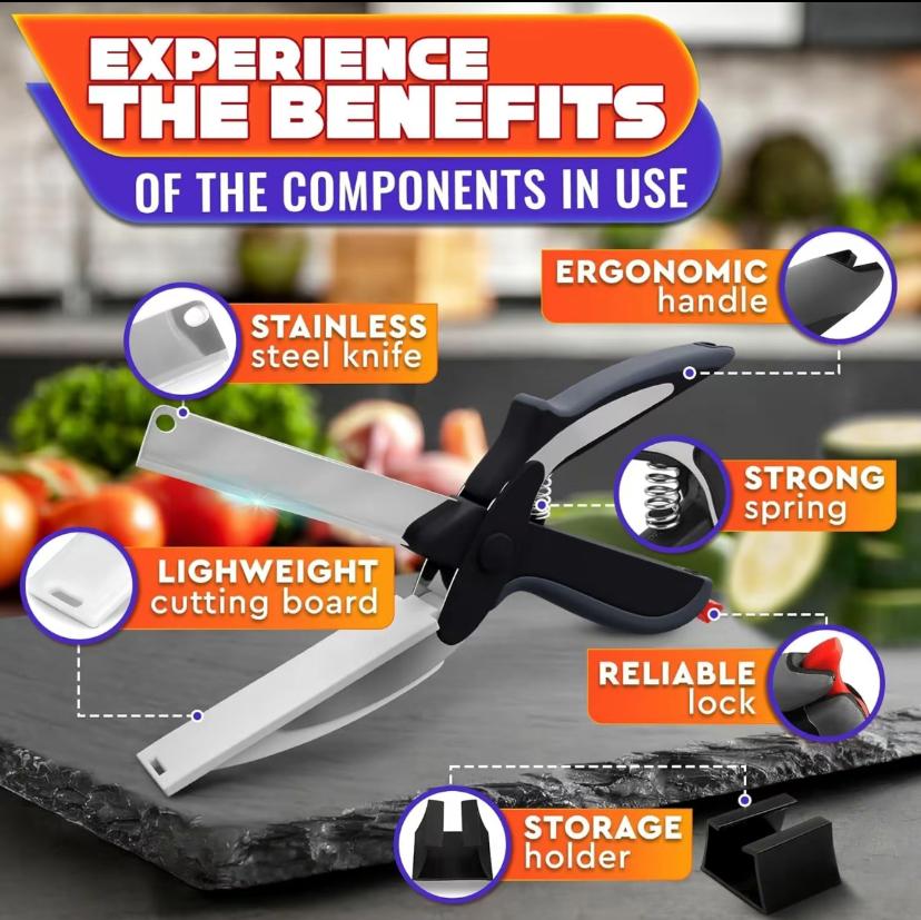 2 in 1 Kitchen Scissors for Food – Stainless Steel Blade & Plastic Cutting Board Scissors with Safety Lock | 9.6" Tomato Knife, Fruit & Vegetable Cutter – Easy-to-Use Kitchen Shears for Meat, Chees