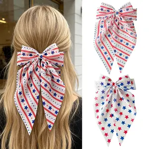 4th of July Patriotic Bow Hair Clip for Women & Girls, Stars and Stripes Chiffon Long Tail Hair Bow, French Barrette Hair Accessory for Independence Day Parade, Fireworks Party & July 4th Celebration