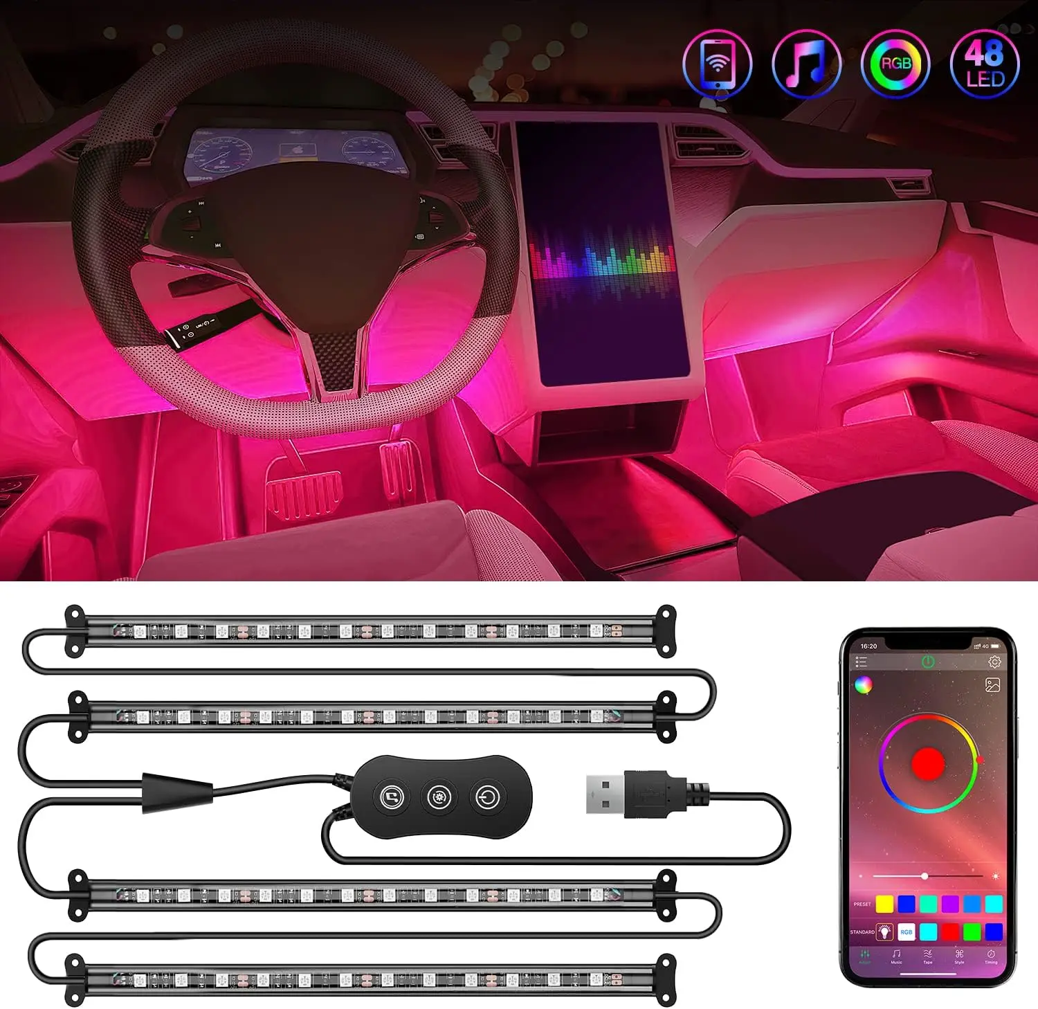 Nilight 4PCS USB RGB 48-LED Interior Strips - APP Control, Music Sound Active Mode - Car Ambient Light, RGB Atmosphere Light, Fun Car Accessories for Truck, ATV, UTV, Interior Car Lights, Car Ambient Lighting