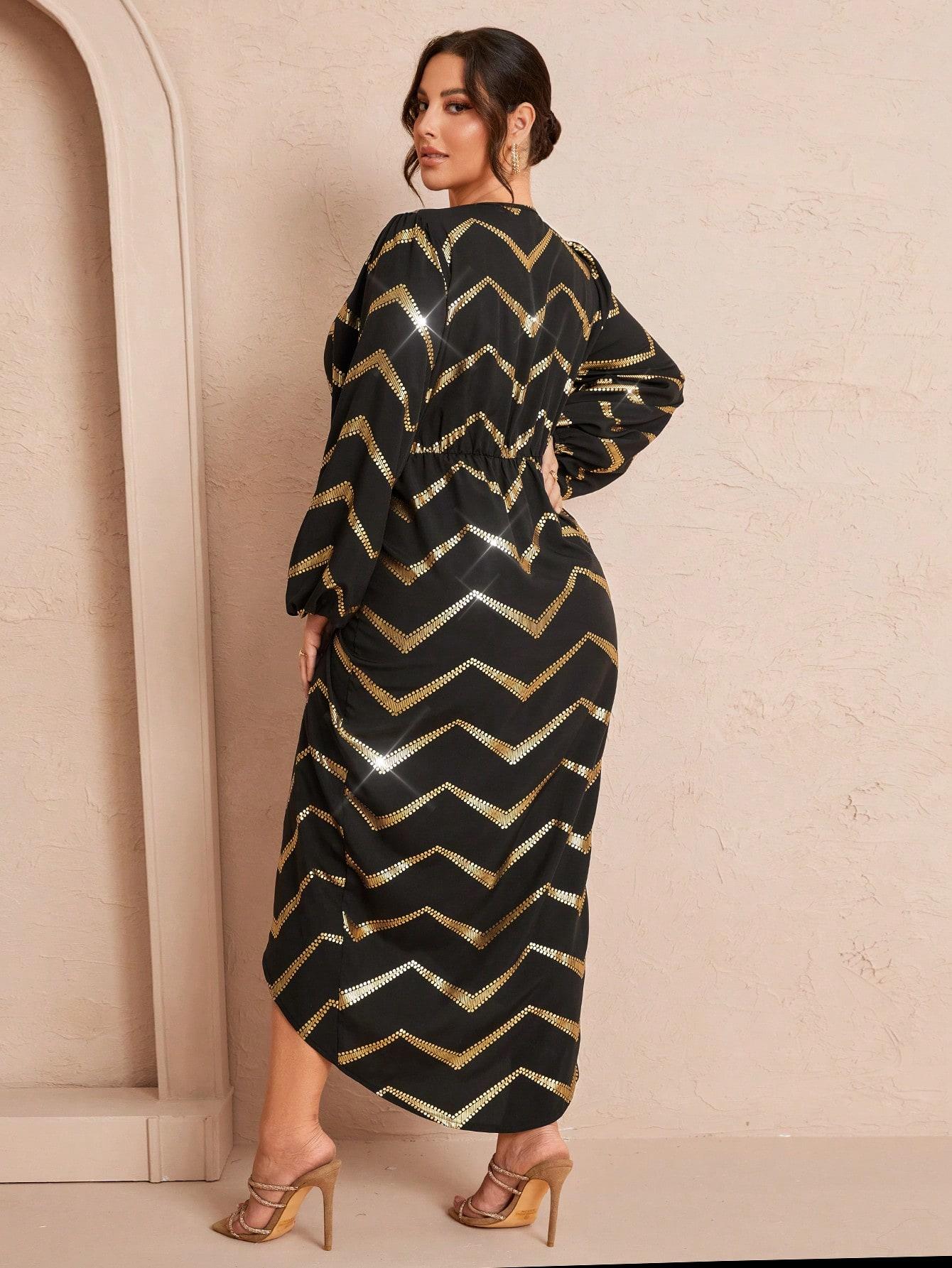 Plus Size Elegant Wrap Dress Black & Gold Chevron V-Neck Long Sleeve Boho Chic Outfit Plus Size Elegant Wrap Dress Black & Gold Chevron V-Neck Long Sleeve Boho Chic Outfit