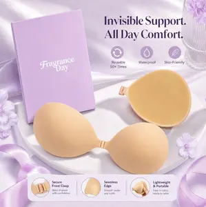 Fragrance Day Reusable Silicone Sticky Bra | Push-Up Strapless Invisible Bra, Sweatproof Waterproof Body Adhesive Bra with Storage Board & Extra Replacement Pads