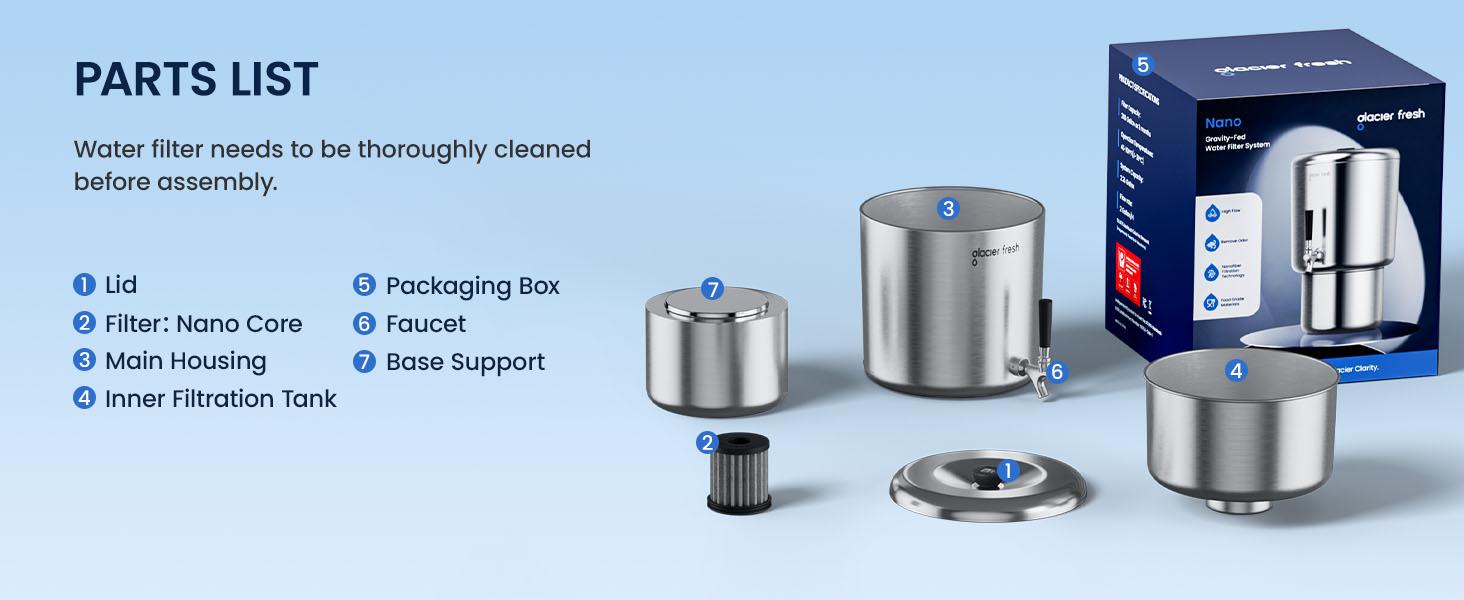 Glacier Fresh 2.25G Countertop Gravity-Fed Stainless Water Filter System with Nanofiber Filter for PFAS Microplastic Bacteria Virus Removal