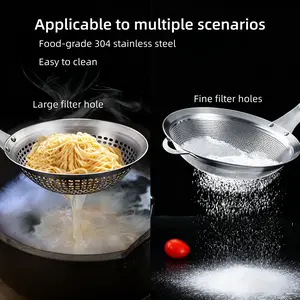 Set of two-piece stainless steel mesh strainer with holes, fine food filter, oil residue strainer spoon and large-hole strainer ladle with handle, kitchen cooking food residue filtering set, handheld.