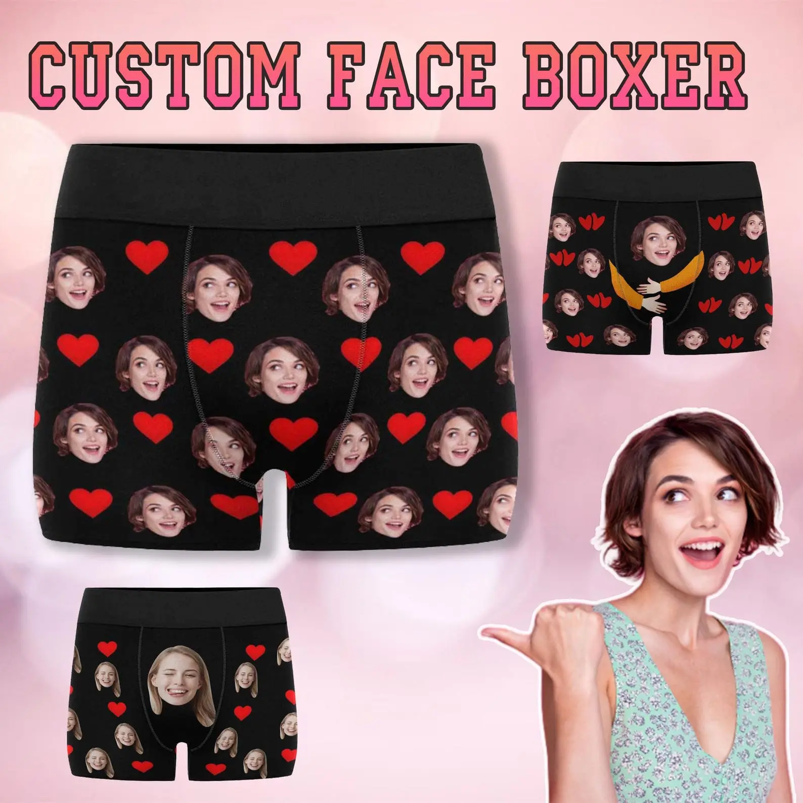 Men's Custom Repeating Faces Boxer Briefs - Personalized Polyester Underwear, Heart Design, Elastic Waist, Multi-Size, Playful Style - Intimate Gift for Boyfriend on Birthday, Christmas