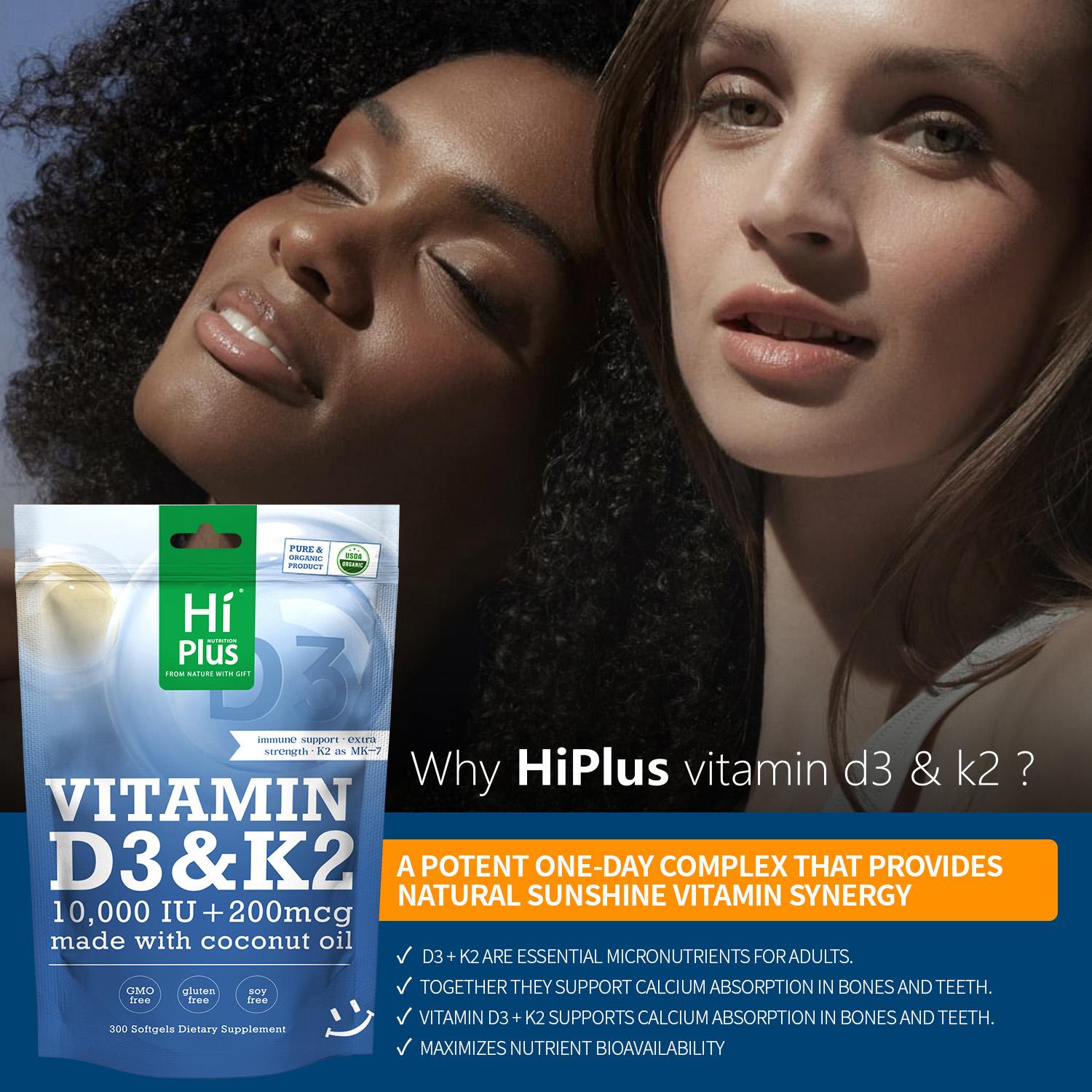HiPlus Vitamin D3 & K2 | 10,000 IU + 200 mcg, Immune Support & Bone Health, Made with Coconut Oil,300 Softgels Natural Extra Strength HiPlus Vitamin D3 & K2 | 10,000 IU + 200 mcg, Immune Support & Bone Health, Made with Coconut Oil,300 Softgels Natural Extra Strength