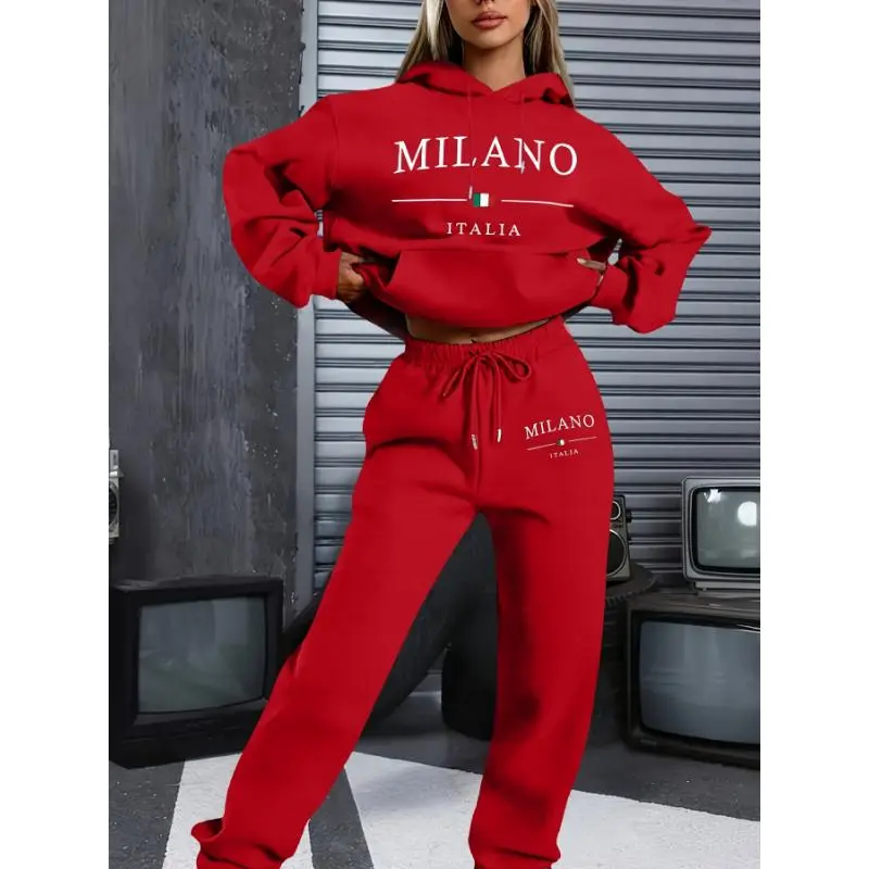Women's 2-Piece Milano Italy Theme Matching Hoodie & Sweatpants Set - Long Sleeve Pullover, Cartoon Print, Polyester Knit, Pockets, Cozy Stylish Loungewear for Autumn/Winter Sports & Outdoor Clothes, Women's Clothes