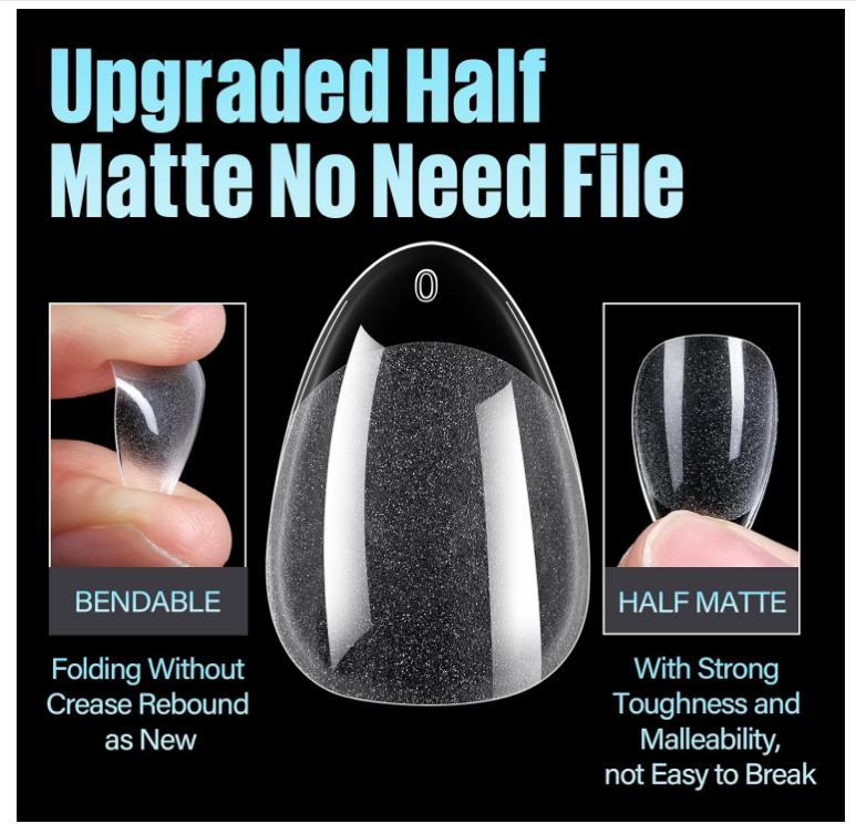 TOMICCA Short Almond Nail Tips, 240Pcs Half Matte Soft Acrylic Nail Tips, 12 Sizes Pre-Shaped Acrylic Nails Full Cover False Nails Almond Press on Nails Short Fake Nails for Extension Nail