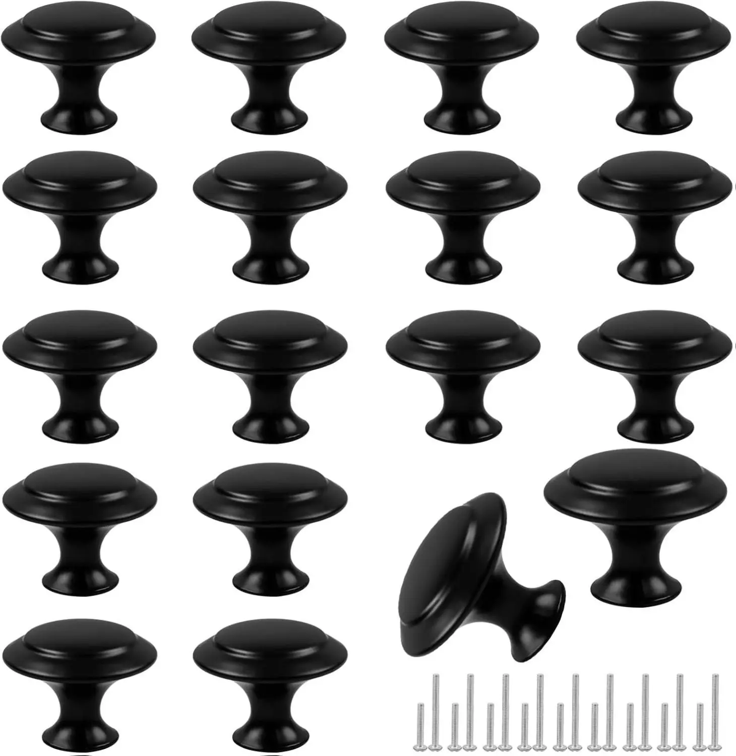 Matte Black Round Drawer Knobs - 18-Piece 30mm (1.2in) Stainless Steel Hardware Set with Screws, Decorative for Dressers, Kitchen Cabinets