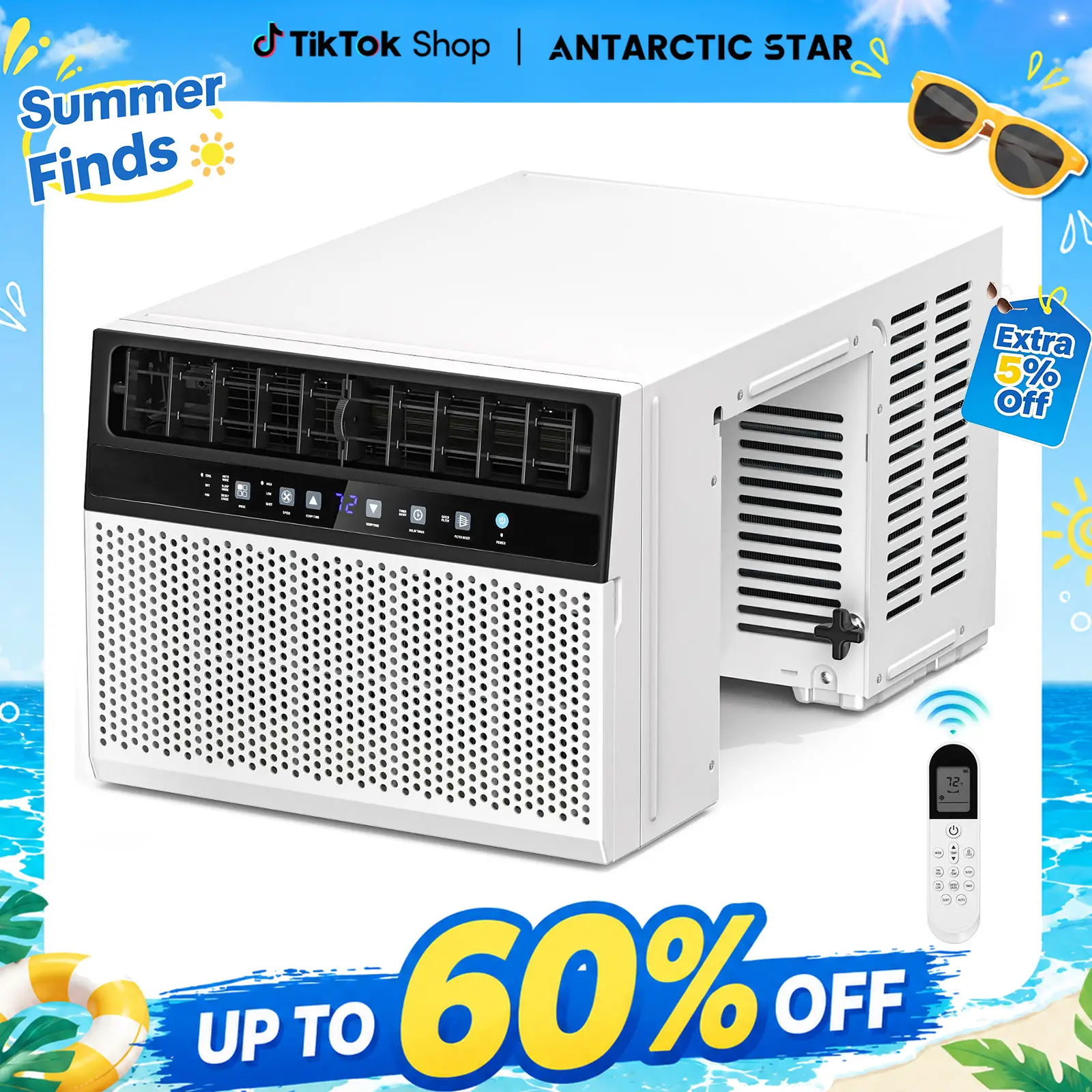Antarctic Star 5000-14000 BTU Quiet Portable Window AC Unit, Cools 350 Sq.Ft., 7 Modes, Digital Display, Quick Set, Night-Safe LED Temp, Remote Control, Easy Installation, Energy-Saving, White Window AC Units