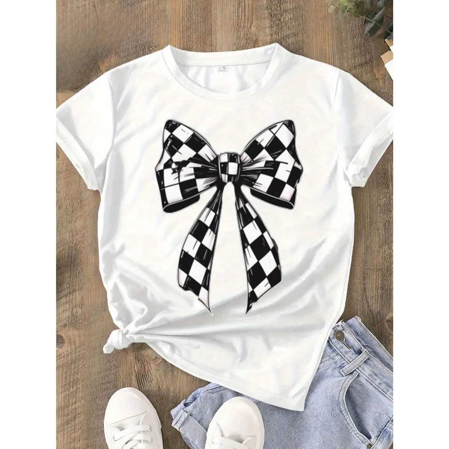 Women's  Round Neck T-Shirt - Black Casual Short Sleeve Tee with White Checkered Bow Print, Machine Washable Spring Summer Fall Top for Mother's Day, Memorial Day, Juneteenth