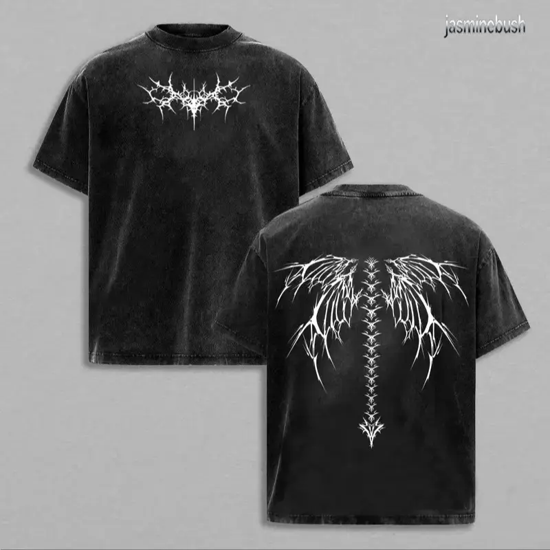 Vintage Black Acid-Washed Oversized Heavy Cotton Crewneck T-Shirt, Front Thorn Spike Small Logo & Back Spiky Angel Wing Spine Dual-Sided Print, Loose Unisex Casual Tee, Retro Y2K Gothic Dark Streetwear, Edgy Gym Top for Men and Women