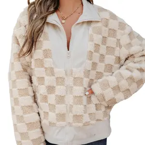 Asvivid Women's Checker Sherpa Corduroy Patchwork Zip up Collared Jacket Outwear Coats Fashion Fall Winter Outfits