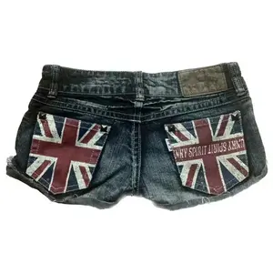 Women’s Trend Fashion Denim Shorts Union Jack Pocket Print Low Rise Jean Shorts, Vintage Streetwear Summer Hot Pants