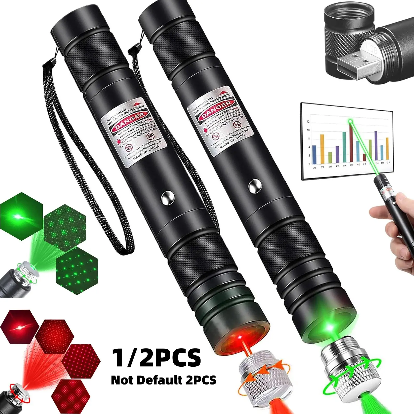 Outdoor Laser Flashlight and, USB Rechargeable Tactical Light, Adjustable, for TV/LED/LCD Screens, Astronomy, Camping, Hiking, Rechargeable Flashlights High Lumens, High Lumen Torch
