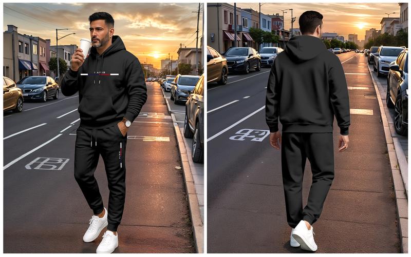 Men's Paris Letter Printed Hoodie and Drawstring Sweatpants Set, Menswear, Casual Athletic Long Sleeve Hooded Jacket & Trousers for Fall & Winter, Men's Clothing for Daily Wear, Sportswear Indoor Outdoor, Tracksuit, Athleisure Summer Clothes