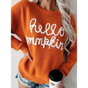 Women's Hello Pumpkin Graphic Sweater - Long Sleeve Round Neck Casual Pullover, Cozy Autumn Winter Top with White Lettering, Hand Wash/Dry Clean, Cute Sweater, Festive Seasonal Apparel, Quality Fabric Knitwear Womenswear Knitting Crewneck