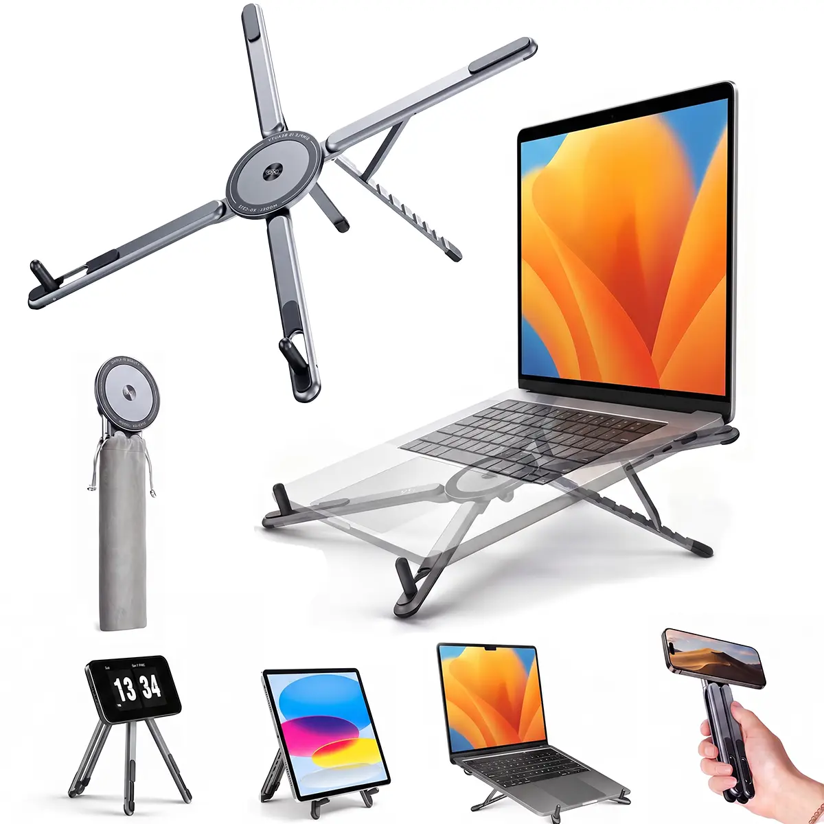 3-in-1 Folded Aluminum Alloy Laptop & Phones/Tablets Stand, 8-Level Height Adjustable Portable Slim Magnetic Desktop Riser (Office Furniture, Computer Accessories), Desk Accessories, Office Accessories