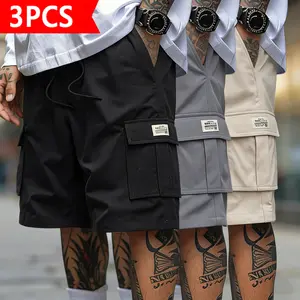 Men's Cargo Shorts 3-Pack - Streetwear Hip Hop Multi-Pocket Utility Shorts, Relaxed Fit Knee Length Casual Summer Shorts for Male, Breathable Polyester Fabric, Perfect for Outdoor, Hiking & Daily Street Style Menswear Plain