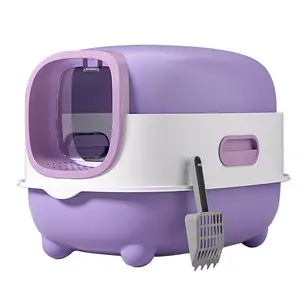 E-style Cat Litter Box with Purple Lid and White Base Includes Litter Scoop for Easy Cleaning and Hygienic Maintenance