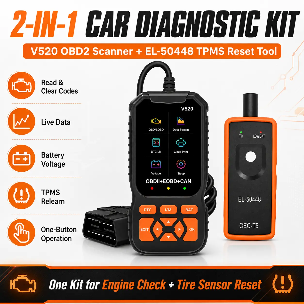 V520+EL50448 Compact OBD2 Scanner & TPMS Relearn Tool Combo Kit, Car Engine Code Reader with Read-Clear Codes, Live Data, Battery Voltage & Tire Sensor Reset Support