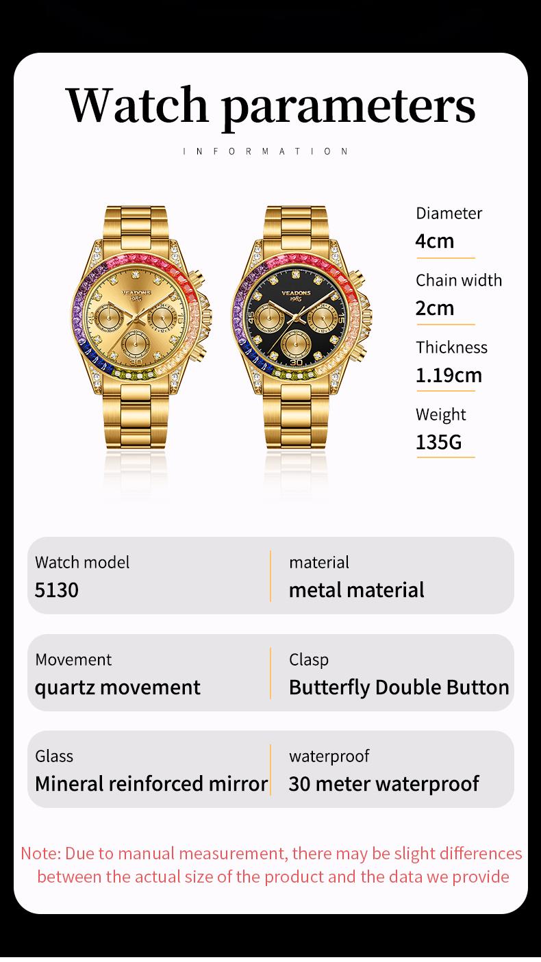 VEADONS Men's Business Fashion Rhinestone Decorated AnalogQuartz Watch Rainbow Crystal Chronograph Quartz Movement Luminous Date WaterResistant for Party Daily Wear Birthday Gift with Box