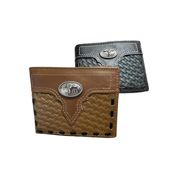 Basketwave Cowboy Texas Longhorn Concho Bi Fold High End Leather Wallet - Handmade Full Grain Cowhide with Iconic Western Style & Functional Storage