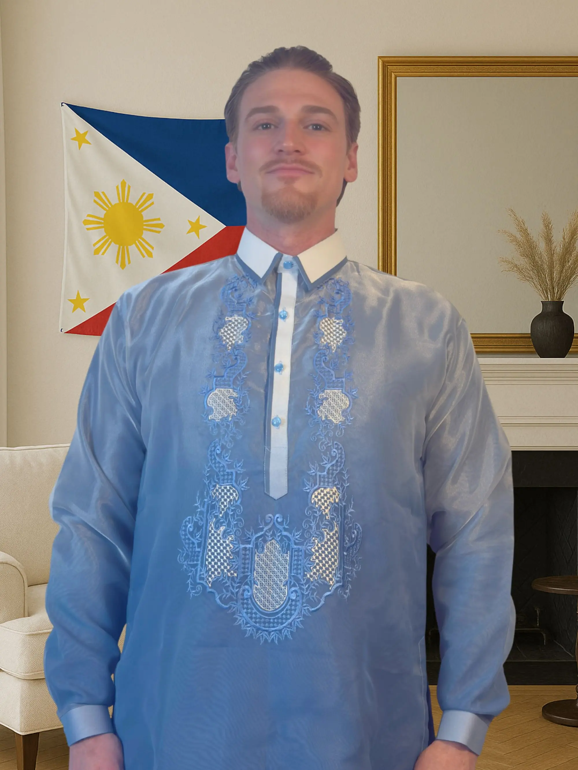 Handmade Kapamilya Barong Tagalog for Men - Long Sleeve Traditional Filipino  Shirt - Baby Blue Organza - US Size - TikTok Shop