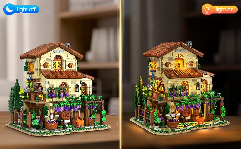 Winery Chateau House Building Set with Lights, Vineyard Castle Construction Model Home Decor, 1826 PCS Vine Estate Autumn Cabin Building Block Kit Gift for Mothers Day Adults Teens Boys Girls,Christmas Gift
