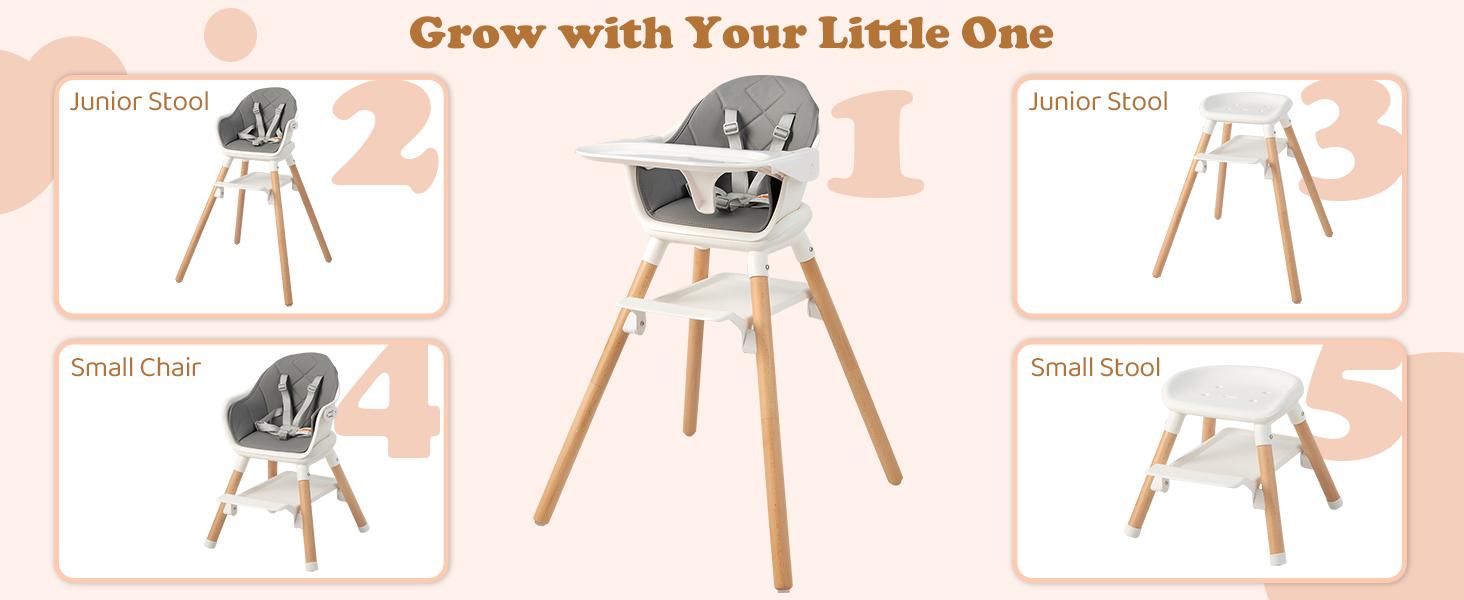 Costzon Baby High Chair, 6 in 1 Convertible Wooden High Chair for Babies & Toddlers with Adjustable Legs,, Safety Harness & Waterproof PU Cushion Costzon Baby High Chair, 6 in 1 Convertible Wooden High Chair for Babies & Toddlers with Adjustable Legs,, Safety Harness & Waterproof PU Cushion